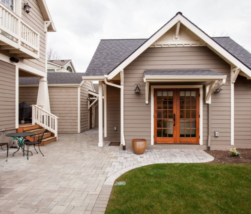 A finished covered patio and outdoor living addition.