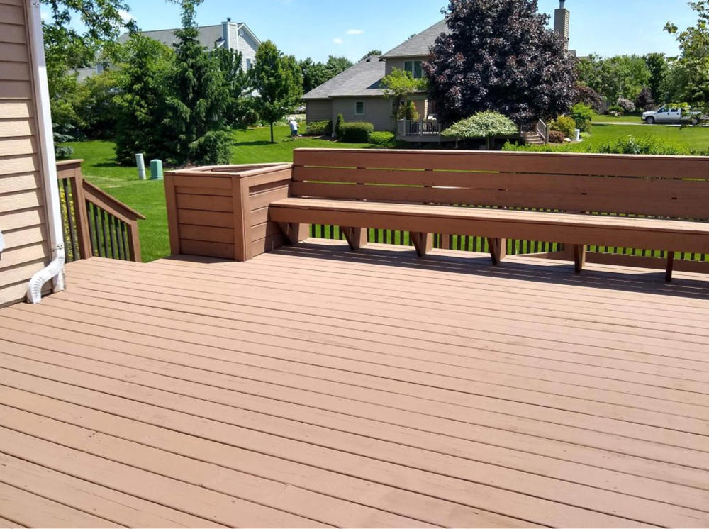 A freshly stained backyard deck.