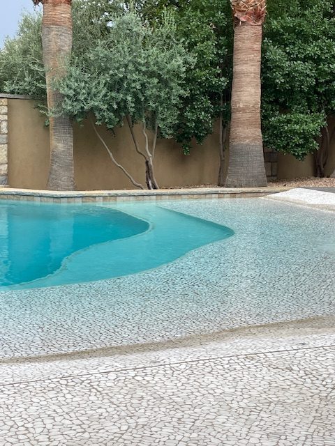 A finished backyard pool with a beach entry and stamped concrete decking.